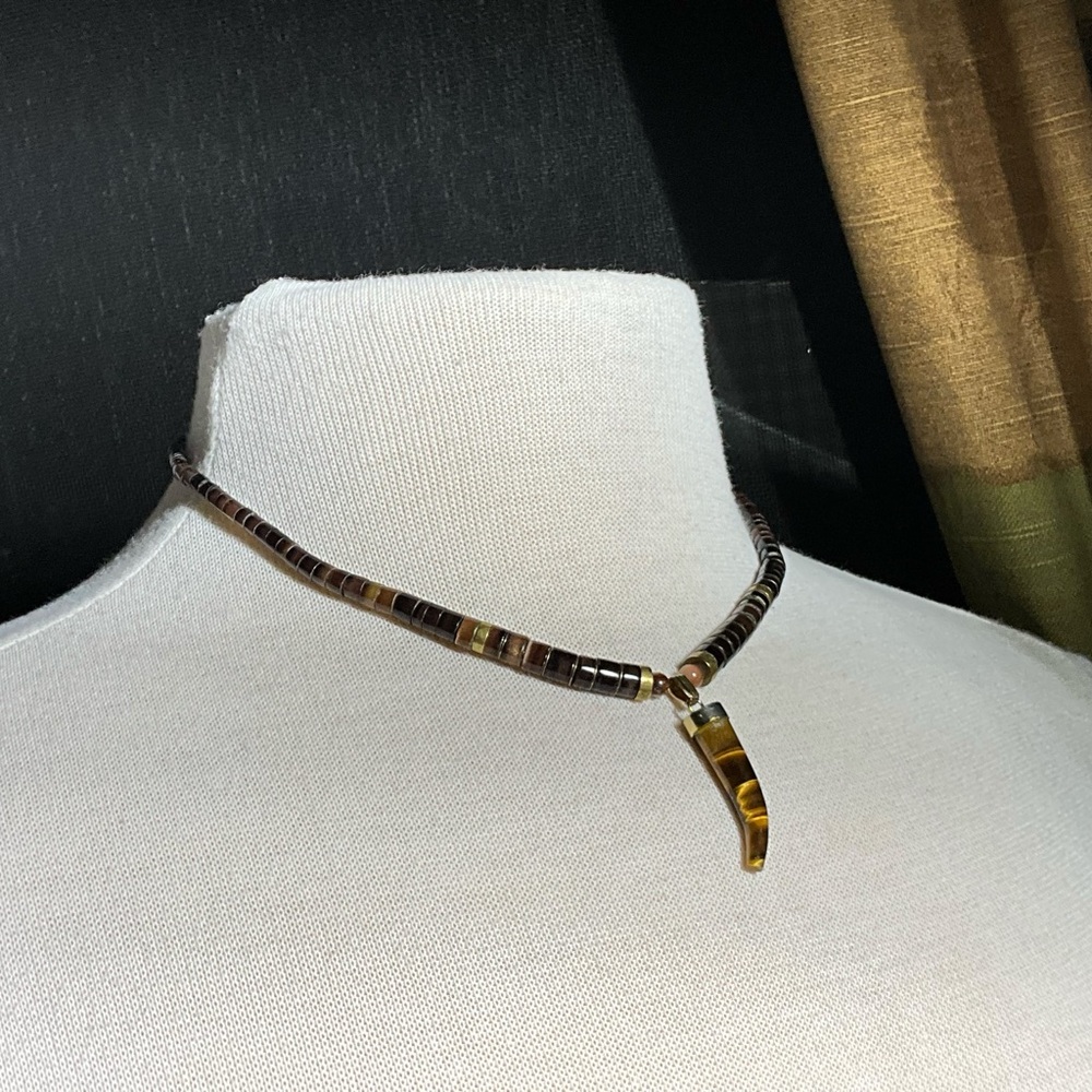 Heishi Bead Style Necklace With BrownTiger's Eye Curved Pendant Vintage Unisex